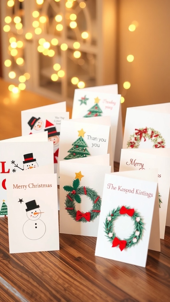 A variety of handmade Christmas cards with different designs on a rustic wooden table.